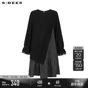 圆领压褶格纹网纱连衣裙S234Z12G4 时尚 sdeer圣迪奥冬季 女装