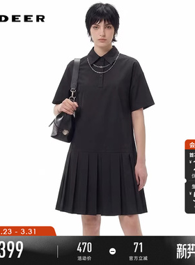 sdeer圣迪奥夏季女装学院风翻领百褶拼接衬衫连衣裙S252Z1217