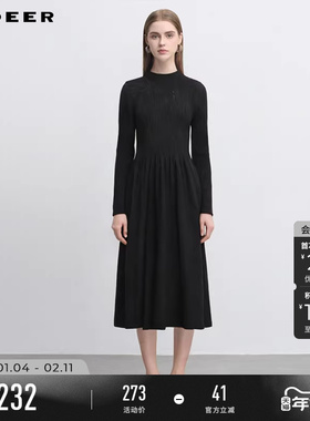 sdeer圣迪奥冬装女装罗纹圆领镂空碎褶针织连衣裙S244Z1202