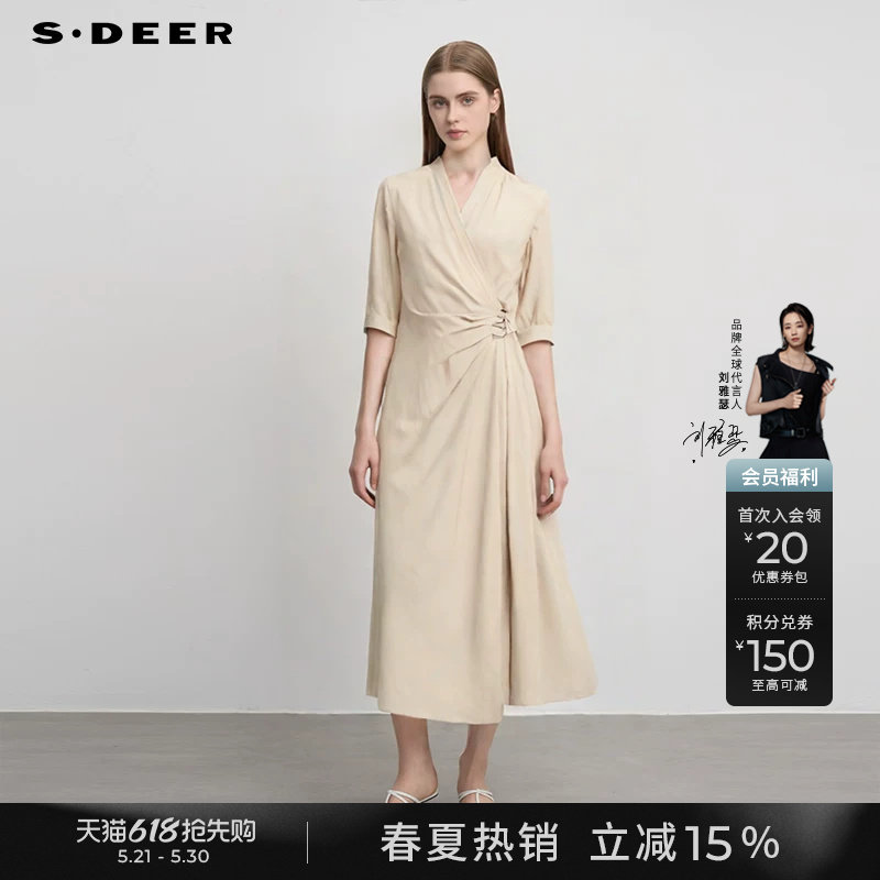 sdeer圣迪奥女装夏季复古V领收腰垂坠不规则连衣裙S252Z1