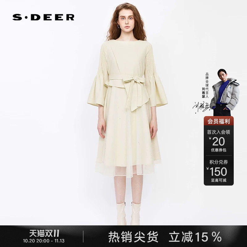 sdeer圣迪奥春秋装女装圆领压褶收腰网纱喇叭袖连衣裙S241Z1252