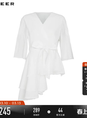 sdeer圣迪奥女装淡人穿搭V领风琴褶收腰不规则短袖衬衫S242Z0458