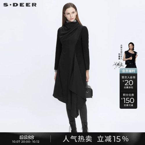 sdeer拼接不规则黑色毛呢大衣