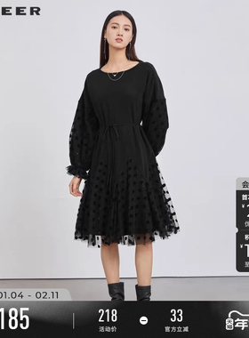 sdeer圣迪奥春秋装女装圆领收腰波点网纱长袖连衣裙S223Z12CV