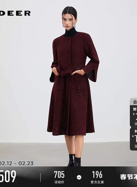 sdeer圣迪奥女装春秋装时尚圆领收腰亮片毛呢长款大衣S253Z2503