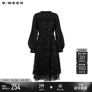 sdeer圣迪奥冬装女装圆领网纱压褶灯笼袖连衣裙S234Z12E8