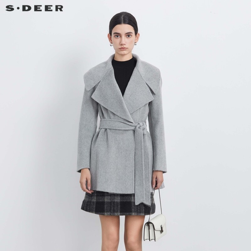 s.deer时尚翻领收腰短款毛呢大衣