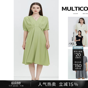sdeer圣迪奥泡泡袖连衣裙女V领法式高级感夏装长裙S223Z12R8