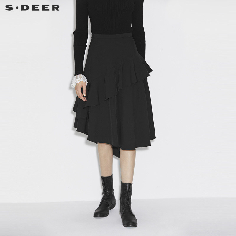 sdeer圣迪奥女装春装复古休闲荷叶边拼接不规则长裙s21381117