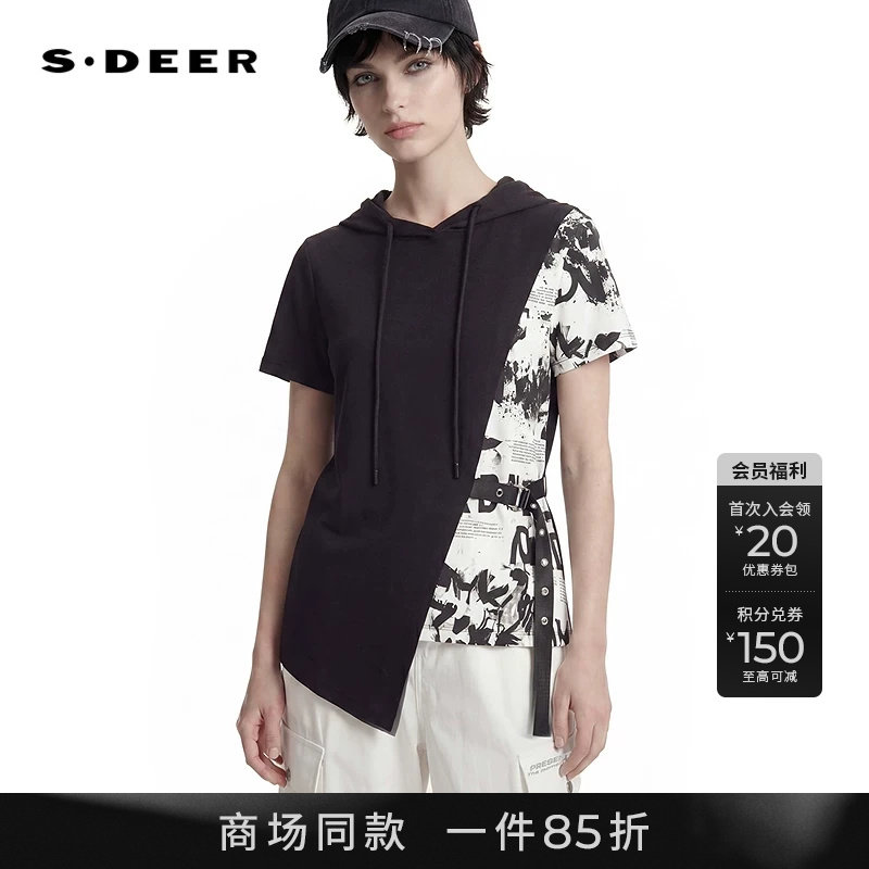 sdeer连帽字母印花不规则短袖T恤