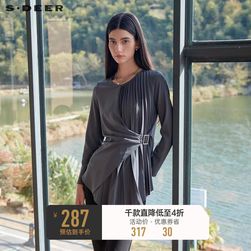 sdeer圣迪奥女装OL风圆领风琴褶收腰雪纺衬衫S24160509