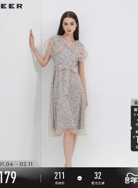 sdeer圣迪奥碎花裙女夏装V领初恋感甜美茶歇连衣裙S223Z122A