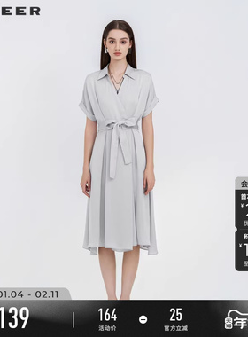 sdeer圣迪奥衬衫裙春秋装V领收腰气质通勤高级感连衣裙S223Z12G9