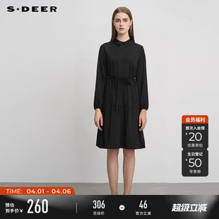 sdeer圣迪奥秋冬装 翻领收腰碎褶撞色印花连衣裙S244Z12A8 女装