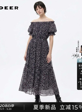 sdeer圣迪奥女装26年夏新品一字领碎花收腰泡泡袖连衣裙S262Z1228