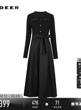 sdeer圣迪奥冬季女装法式圆领收腰拼接长袖连衣裙S244Z1245