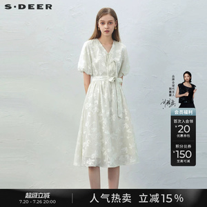 sdeer圣迪奥夏季女装V领系带绣花泡泡袖新中式连衣裙S232Z12QP