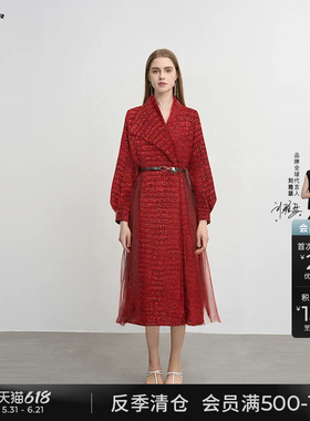 sdeer圣迪奥冬季女装立领格纹收腰网纱大衣式羽绒服S234Z2464