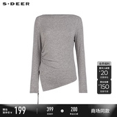 商场同款 sdeer圣迪奥女休闲圆领抽褶打底不规则T恤S25380206