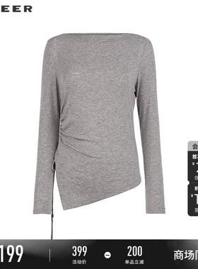【商场同款】sdeer圣迪奥女休闲圆领抽褶打底不规则T恤S25380206