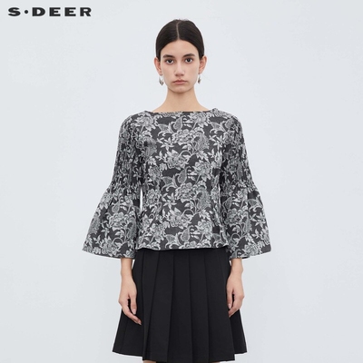 sdeer方领印花压褶喇叭袖衬衫