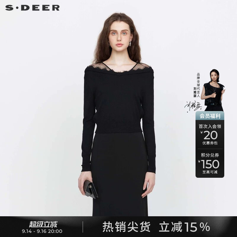 s.deer优雅蕾丝花边黑色针织衫图片