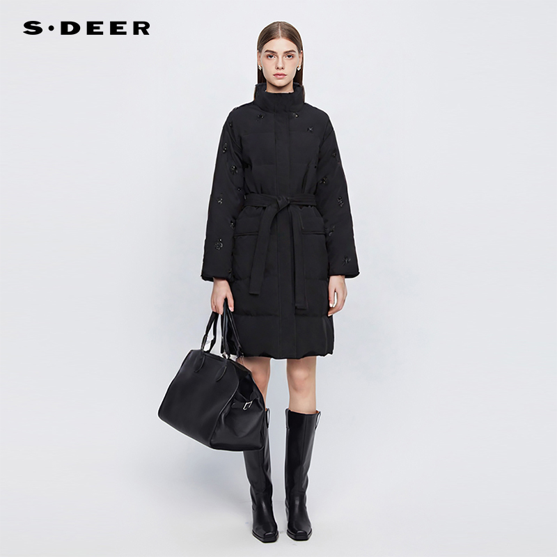 sdeer钉珠收腰长款加厚羽绒服