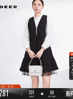 sdeer圣迪奥冬装女装V领网纱拼接毛呢背带连衣裙S234Z12C5