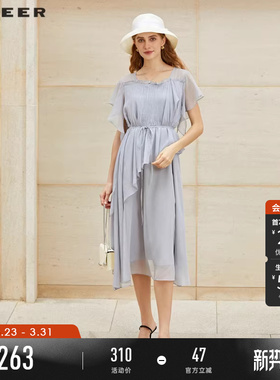 sdeer圣迪奥夏季女装圆领风琴褶收腰短袖连衣裙S232Z12Z6