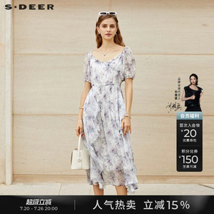 sdeer圣迪奥夏季女装方领木耳边碎花泡泡袖连衣裙S232Z12BG