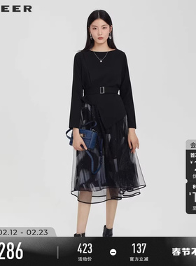 sdeer圣迪奥春装女装圆领收腰印花网纱长袖连衣裙S231Z1263