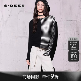【商场同款】sdeer圣迪奥通勤风圆领撞色条纹宽松针织衫S26183501