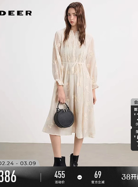 sdeer圣迪奥女装春秋装圆领风琴褶收腰绣花连衣裙S253Z1293