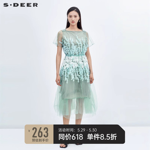 sdeer圣迪奥碎花连衣裙女绣花网纱收腰少女长裙S223Z1236