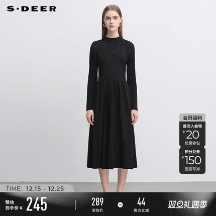 sdeer圣迪奥冬装女装罗纹圆领镂空碎褶针织连衣裙S244Z1202