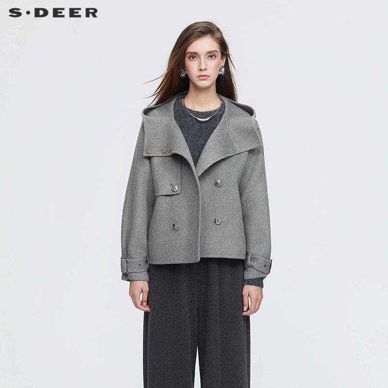 sdeer连帽双排扣双面呢短款大衣