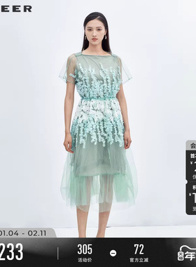 sdeer圣迪奥夏装碎花连衣裙女绣花网纱收腰少女裙子S223Z1236
