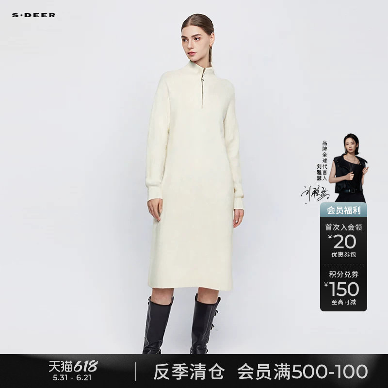 sdeer圣迪奥冬季女装罗纹高领拉链拼接宽松长款针织衫S234Z3518