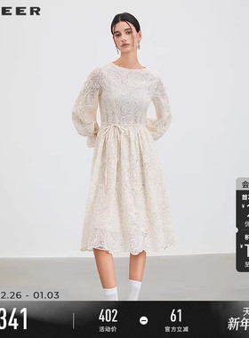 sdeer圣迪奥女装25年新品圆领绣花蕾丝网纱灯笼袖连衣裙S253Z12B3