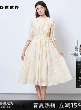 sdeer圣迪奥女装夏季田园风圆领风琴褶绣花连衣裙S252Z1285