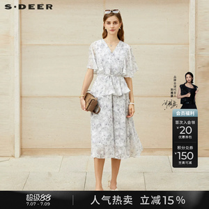 sdeer圣迪奥夏季女装休闲V领碎花收腰雪纺连衣裙S232Z12J9
