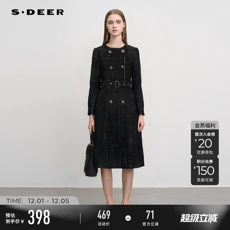 s.deer小香风收腰格纹长款风衣