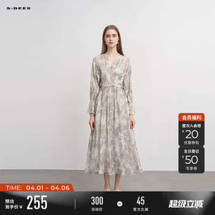 sdeer圣迪奥春秋装 复古V领压褶收腰印花连衣裙S243Z1258 女装