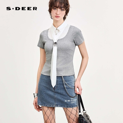 【好物体验专享】sdeer圣迪奥飘带胸针假两件短袖T恤S262Z0101