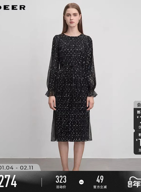sdeer圣迪奥秋冬季女装优雅圆领格纹收腰网纱连衣裙S244Z1248
