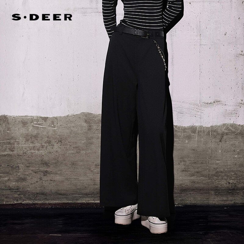 【商场同款】sdeer圣迪奥女通勤风高腰压褶插袋阔腿长裤S26180809