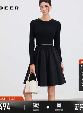 sdeer圣迪奥女装春装优雅圆领针织拼接网纱连衣裙S254Z1210