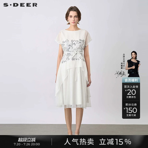 sdeer圣迪奥女装淡人穿搭田园风圆领印花收腰网纱连衣裙S24281230