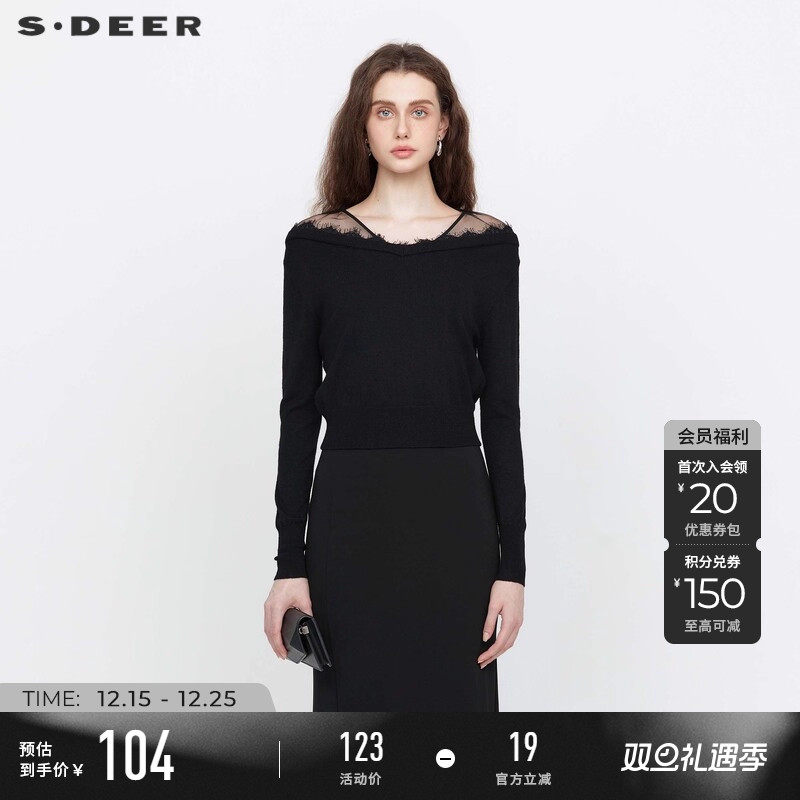 s.deer优雅蕾丝花边黑色针织衫