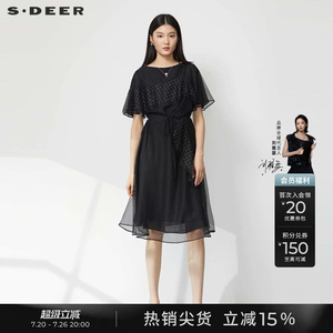 sdeer圣迪奥夏季女装圆领格纹收腰网纱短袖黑色连衣裙S23281212